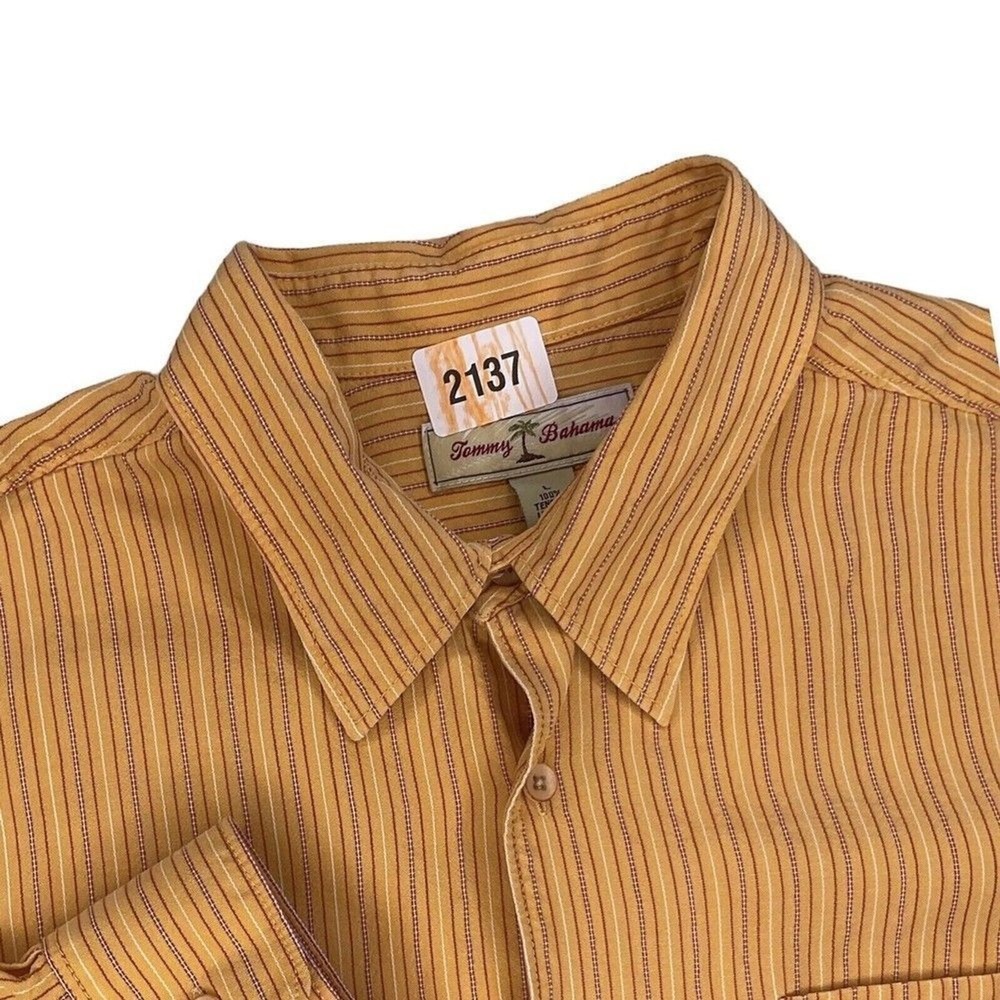 Tommy Bahama Yellow Striped Hawaiian Button Up Shirt Men L Hong Kong 100% Tencel